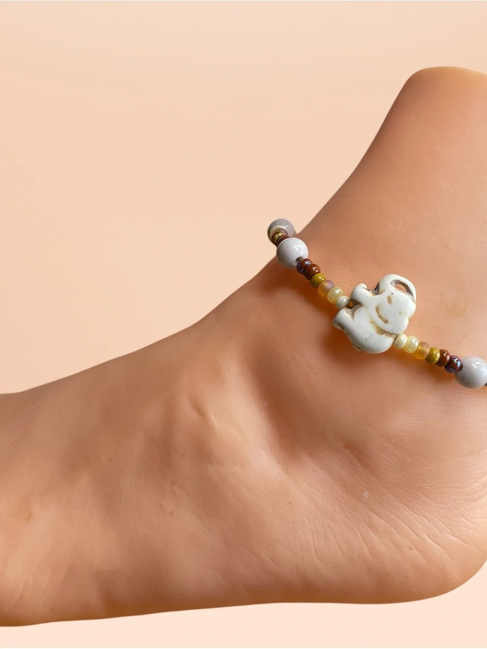 Handmade White Elephant Beaded Anklet - Multicolor Beads